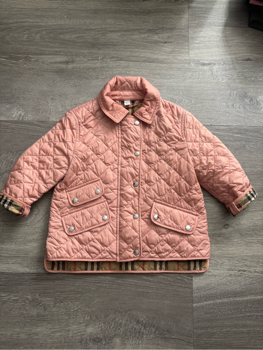 Burberry Quilted Pink Kids Puffer Jacket with Plaid Trim